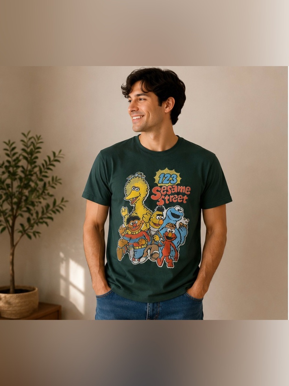 Sesame Street Graphic T-Shirt Men’s Large Green Big Bird Elmo Cookie Monster